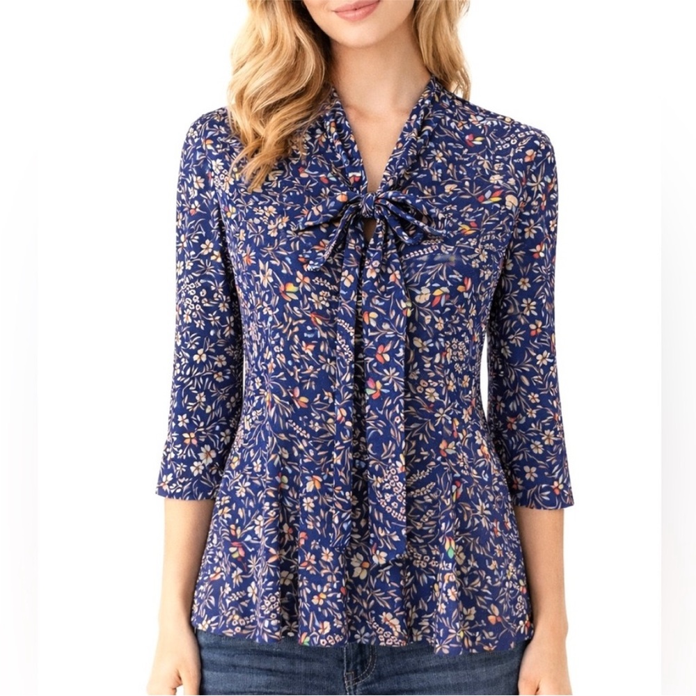 Maeve Navy Floral Tie-Neck Peplum Blouse